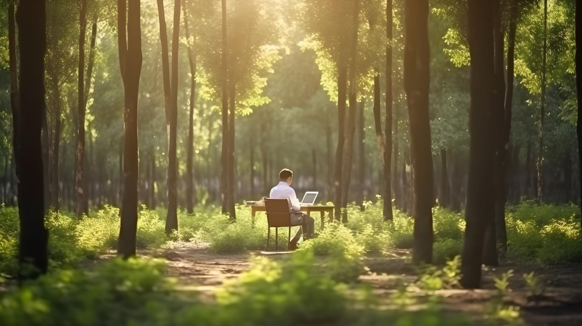 homme de dos assis devant son bureau et son ordinateur au milieu de la forêt